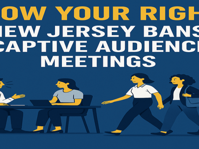 employees in meeting with background text- Know Your Rights. New Jersey Bans "Captive Audience Meetings"